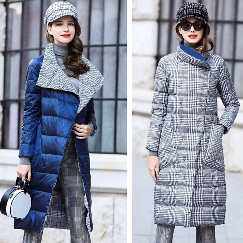 Koop Ly Varey Lin Eend Donsjack Vrouwen Winter Lange Dikke Dubbelzijdig Plaid Jas Plus Size Warm Double Breasted Sneeuw down Parka