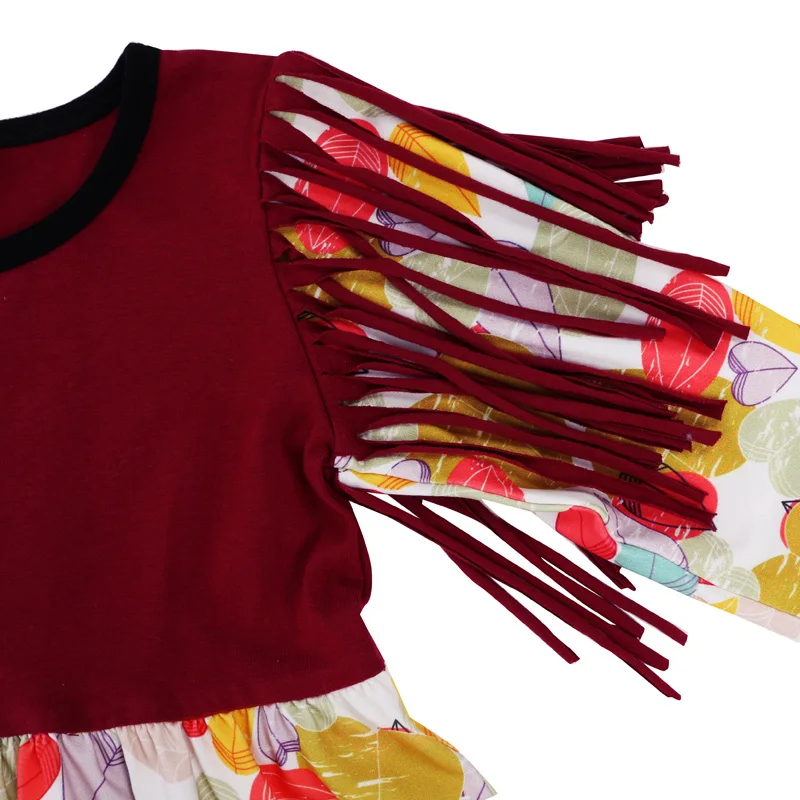 Kaiya Angel/Коллекция года, осеннее платье с длинными рукавами и цветочным рисунком для маленьких девочек Детская бордовая одежда с сеткой для работы платье с кисточками для девочек