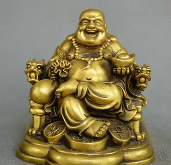 

Chinese Tibet Buddhism old Bronze Maitreya Buddha yuanbao moneybag statue