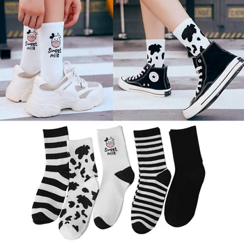 

2020 New Cow Printed Sock Lovely Harajuku Korean Style Women Cute Cotton Socks Women Striped Socks Casual Cartoon White Socks