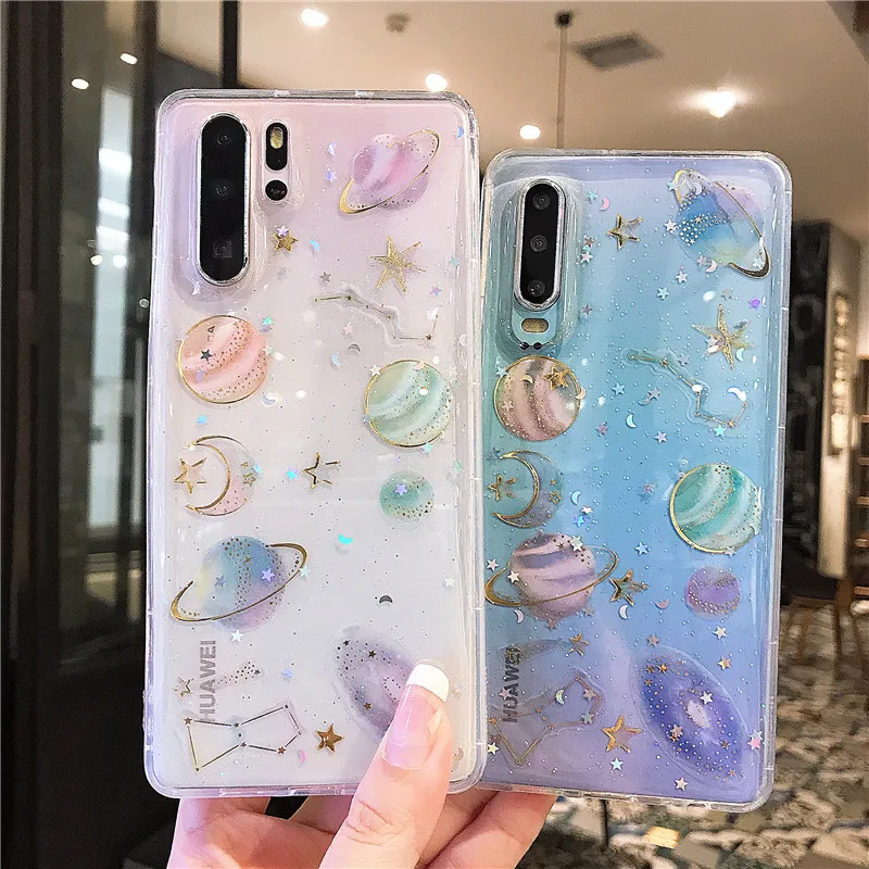 

Shining Planet Stars Glitter Moon Silicone Case For Huawei P30 Pro P20 P10 Mate 20 lite Honor 9 10 8X V20 Y6 Y9 P Smart Plus