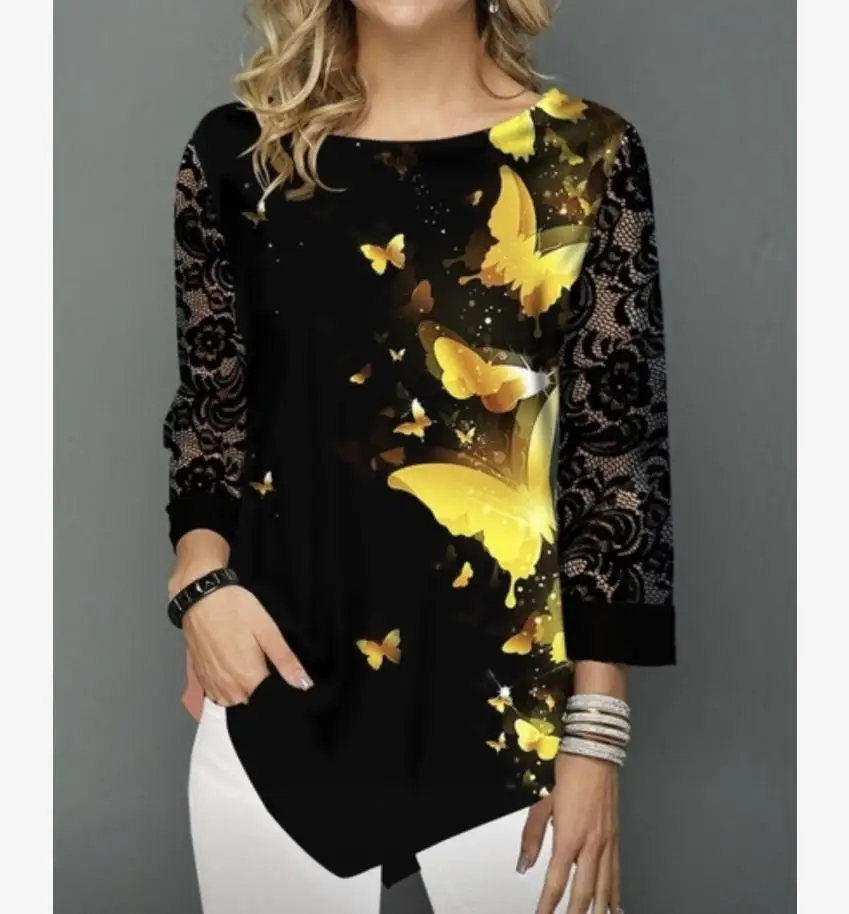 

Shirt Blouse Plus size 5XL Women New Spring print Blue Tops 3/4 Lace Sleeve Elasticity Splice Female Shirt Casual