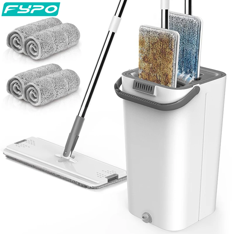 

Floor Mop and Bucket Set, fypo Flat Mop Bucket System Microfiber Pads Extended Stainless Steel Home Hardwood Floor Flexible Mop