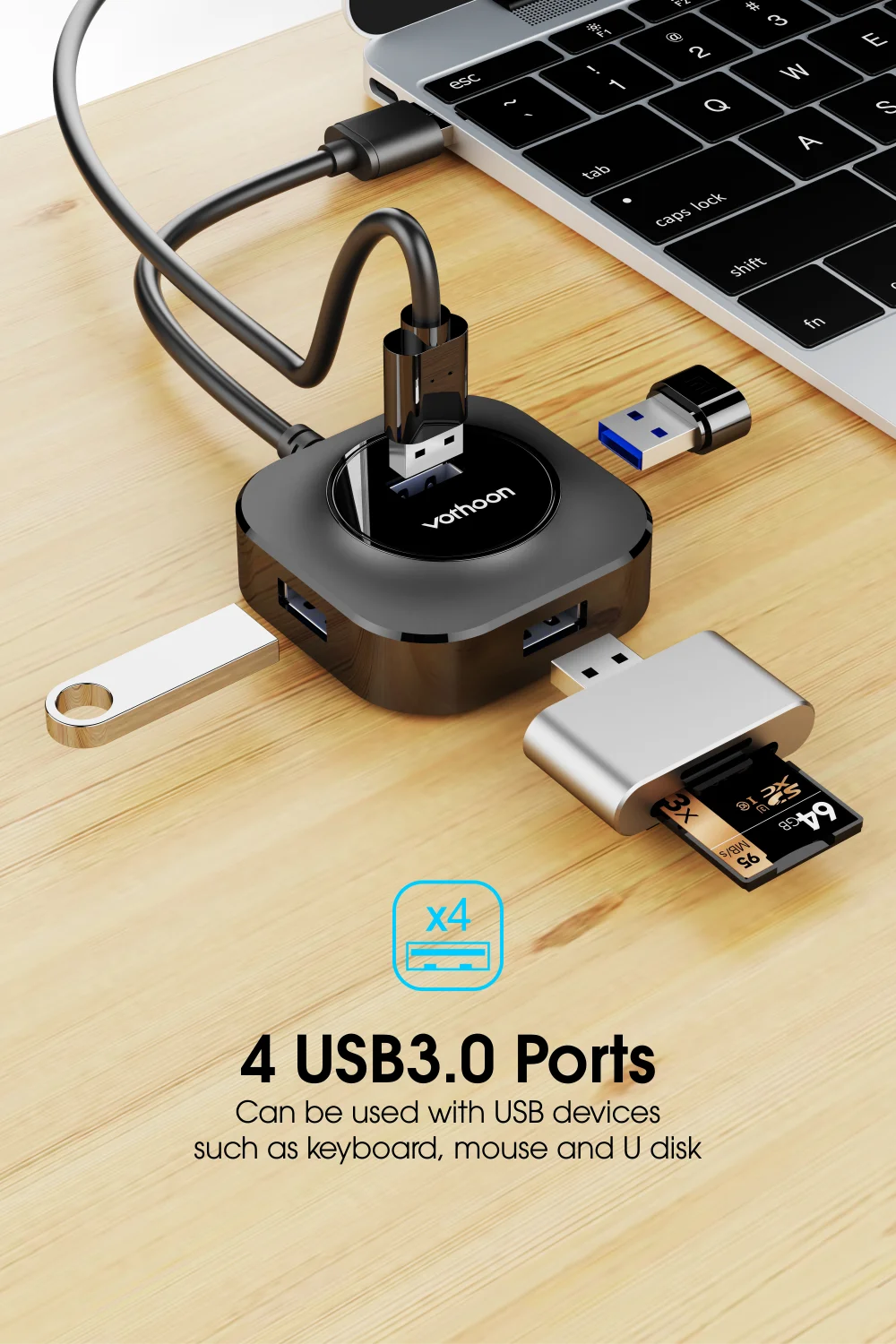 Visulong Hub USB Rotatif 4 En 1, Portable, Rotation à 180
