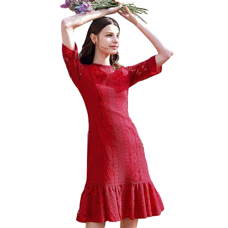

2019 Autumn Dresses Women O-neck Vintage Formal Half Sleeve Hollow Out Lace Female Slim Elegant Dress Red Midi Dresses for Women