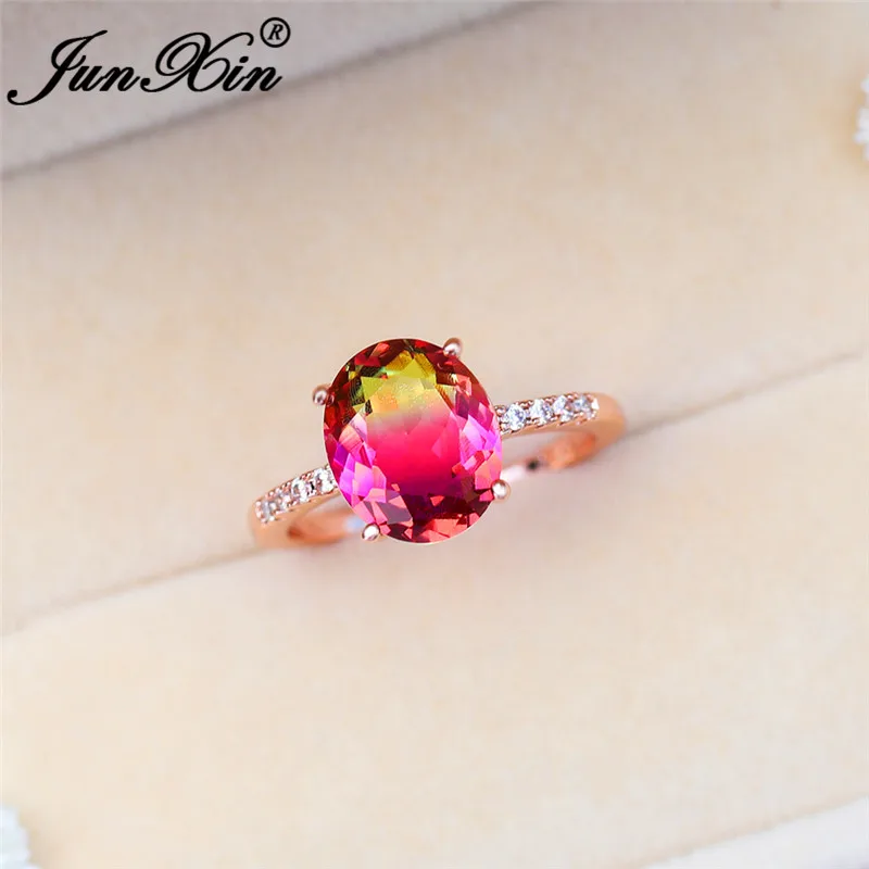 Rainbow Ring Классический овальный циркон камень Обручальные кольца для женщин серебро 925 пробы, Цвет Розовое Золото Простой Зеленый Кристалл обручение тонкое кольцо ювелирные изделия - Цвет основного камня: Rainbow Ring