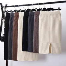 Осень зима женская теплая трикотажная прямая юбка эластичный с высокой талией Миди юбки ребристая длинная повязная юбка однотонная черная