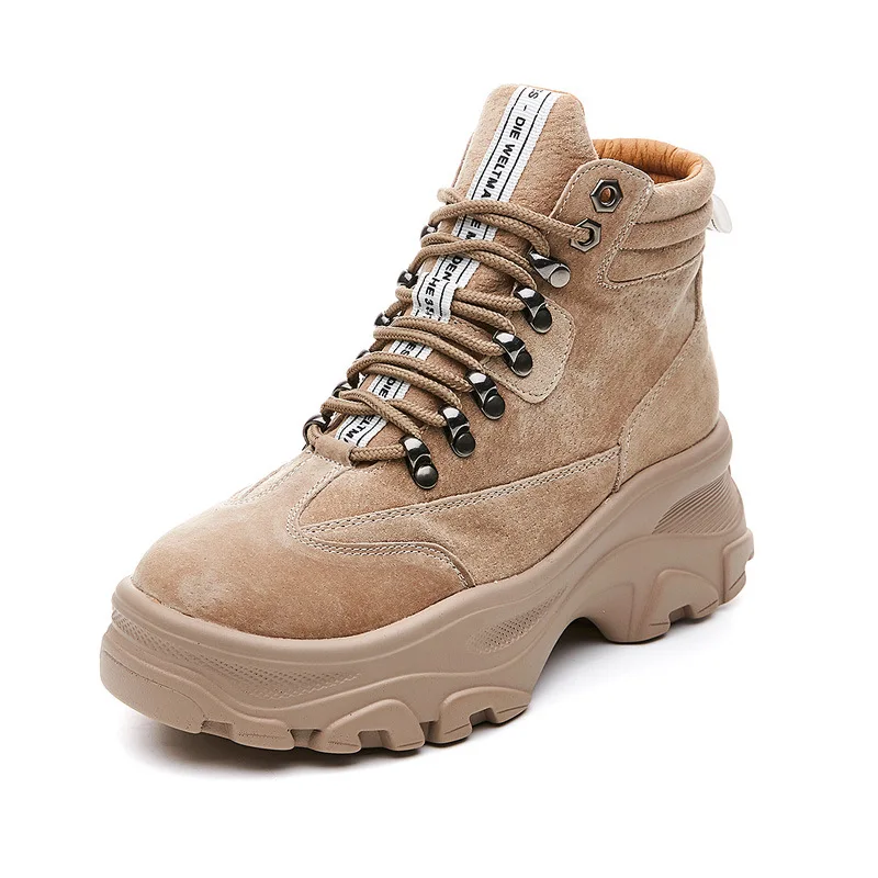 

Pig Leather Platform Ankle Snow Boots Buckle Shoes Woman Winter Thick Sole Lace-up Women Shoes Waterproof Martines Boot