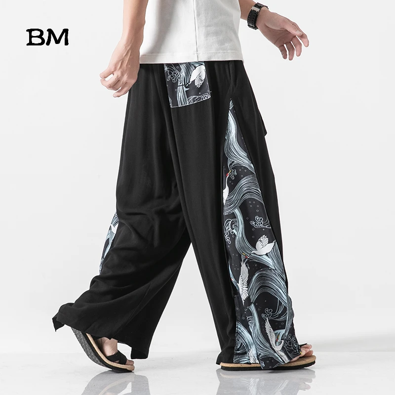 

Fairy Crane Splicing Hanfu Men Falling Feet Culottes Chinese Style Wide Leg Pants Spring Summer Linen Loose Plus Size Trousers