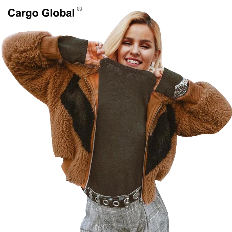 

Winter And Autumn 2019 Women New Coloured Lamb Wool Spliced Short Cotton Coat Color Collision Stitching Jacket