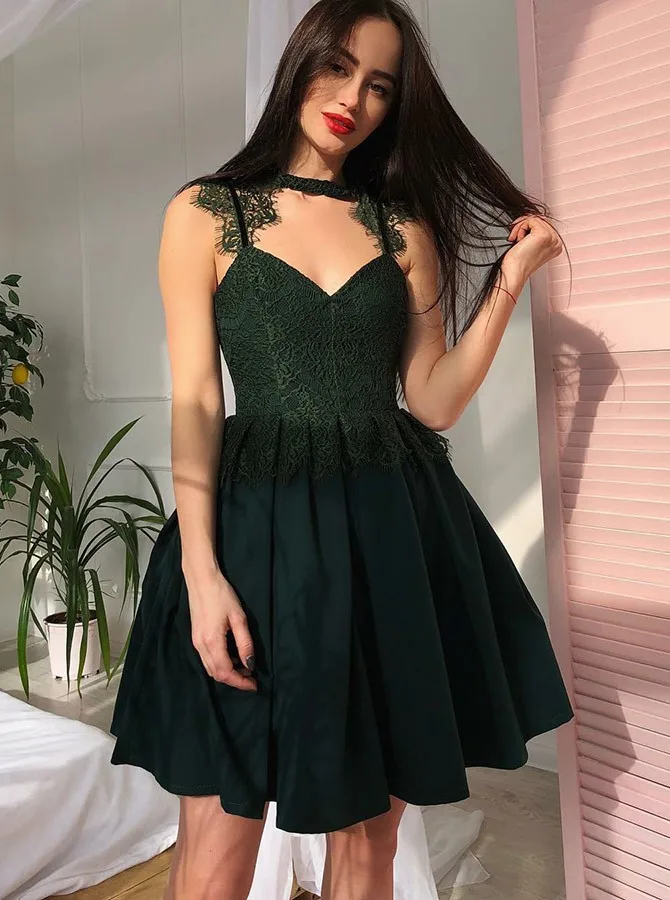 

Pleated Homecoming Dress Cut Out Dark Green Homecoming Dress with Lace