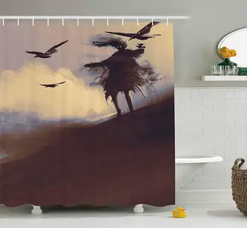 

Horror Shower Curtain Dark Soul from a Scary Movie on The Hills with Clouds and Flying Crows Print Fabric Bathroom Decor Set