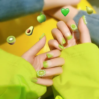 

24 Pcs Sexy Durable Nail Art Fashion Professional Summer Fluorescent Green Acrylic Fake Nails Tips Pearl Decorated False Nails