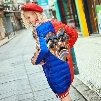 

2020 Winter raccoon fur diamond long coats fashion embroidery sequins patch designs women down jackets