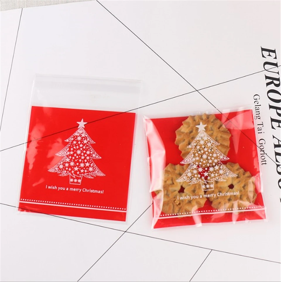 D& P 100 шт 10X10+ 3 см Рождество День печенье конфеты упаковка хлеба самоклеющаяся пластиковая подарочная сумка выпечки пакет милая сумка