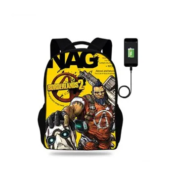 

Game Borderlands 2 Print Backpack Teenager Boys High School Bags Kids USB Charger Backpack Students Children Mochila 17inch
