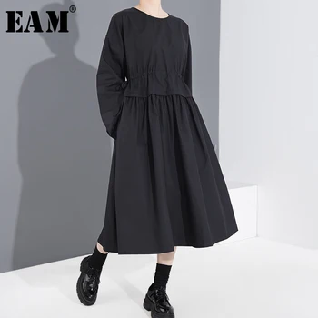 

[EAM] Women Black Hem Pleated Split Big Size Dress New Round Neck Long Sleeve Loose Fit Fashion Tide Spring Summer 2020 1N53301