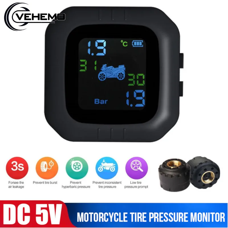 Vehemo LCD TPMS мотоциклетная сигнализация Манометр беспроводной с 2 датчиками USB Bluetooth