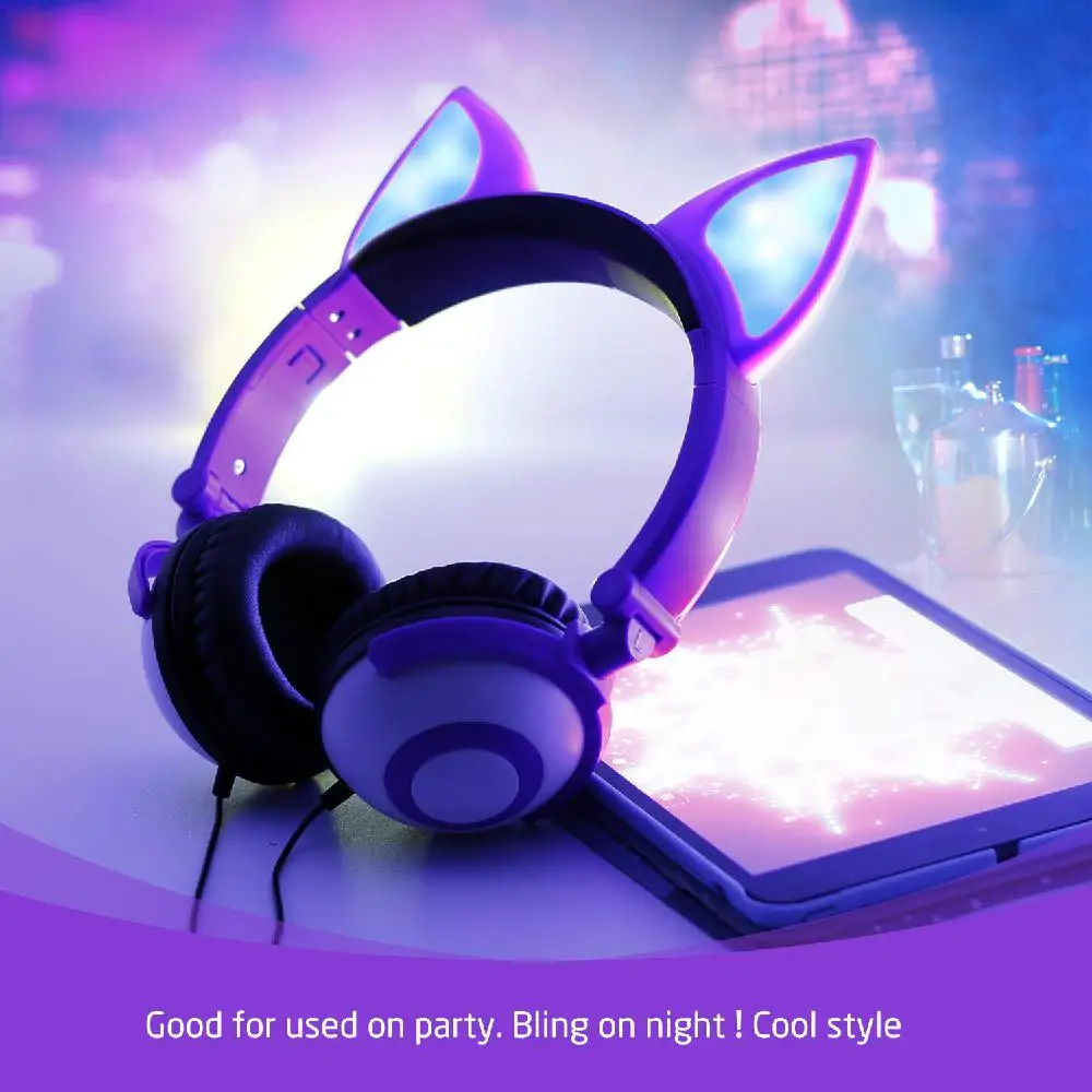 

Foldable Flashing Music Gaming Earphone Children Headphones LED Light Wired Cat Ear Kids Headset For iPhone Laptop MP3