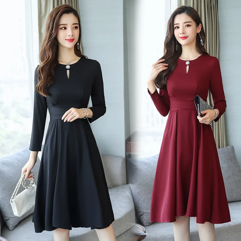 

2018 Autumn Clothing New Style Korean-style Fashion Elegant Solid Color Versatile Simple Street Sweet Long-sleeved Dress Women's