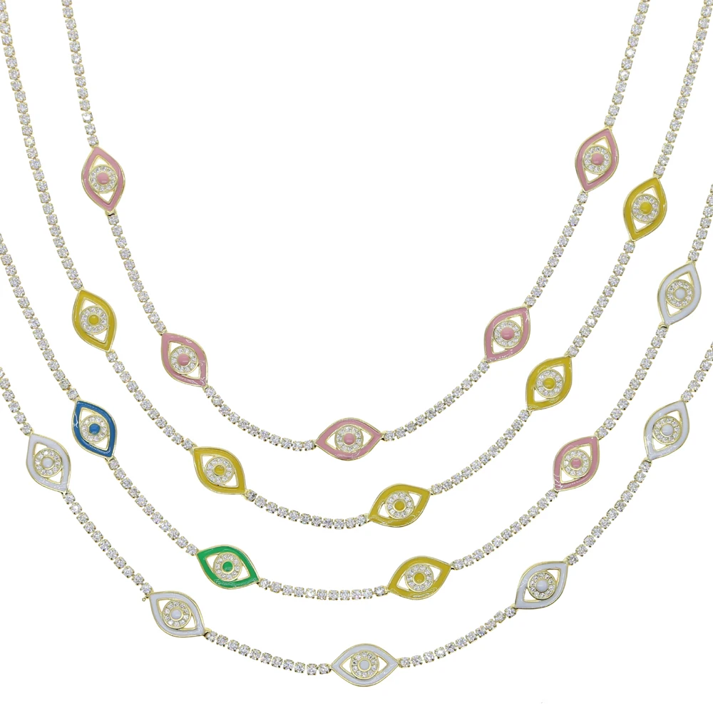 

Pink White Yellow Pastel 4 Colors Enamel Turkish Evil Eye Charm Cz Tennis Chain Lucky Eye Choker Women Necklace