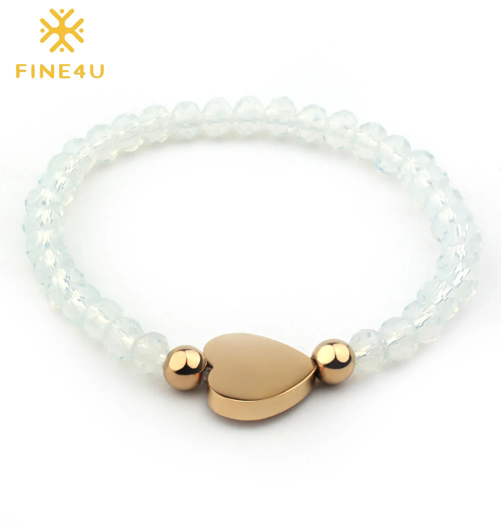 

FINE4U B179 Gold Color Stainless Steel Heart Charm Bracelet For Women Adjustable Glass Beaded Bracelets Crucifix Rosary Jewelry