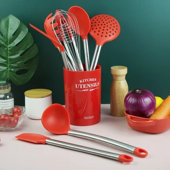 

Silicone Kitchen Utensils Cooking Set Heat Resistant Kitchenware with Spatula Whisk Ladle Tongs Stainless Steel Bakeware Baking