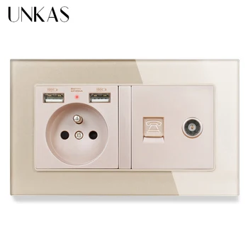

UNKAS Glass Panel French Standard Socket With Dual USB Charge Port + Female TV Television Connector RJ11 2 Core Telephone Jack