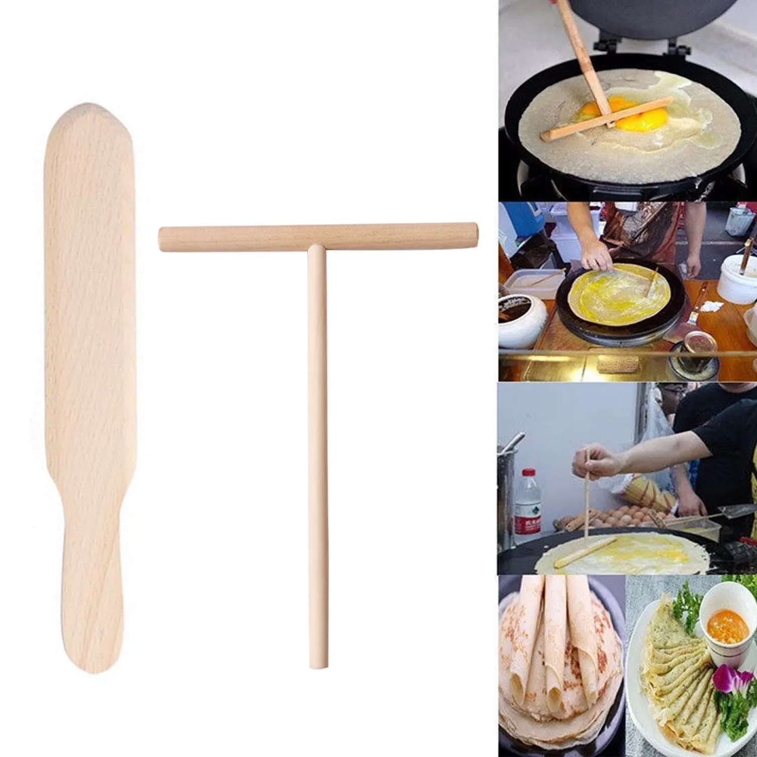 Behogar 1PCS T-shaped Wooden Batter Spreader Sticks+1PCS Spatula Crepe Jianbing Pancake Making Tools for Restaurant Home Kitchen