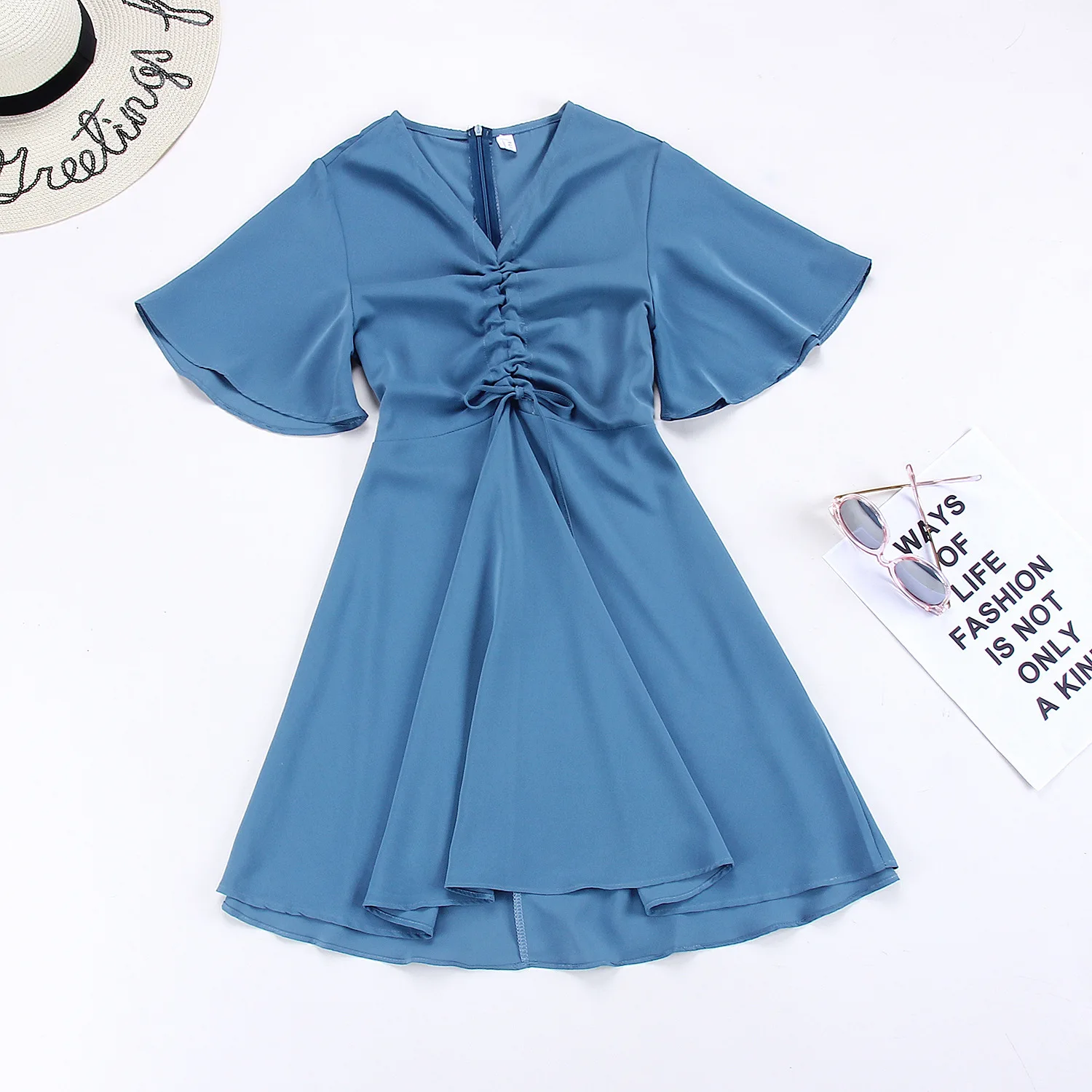 

Casual Summer Solid Chiffon Dress Women V Neck Drawstring Zipper Midi Dress Ruffles Sleeve Ladies Dress New 2019 Femme Sukienki