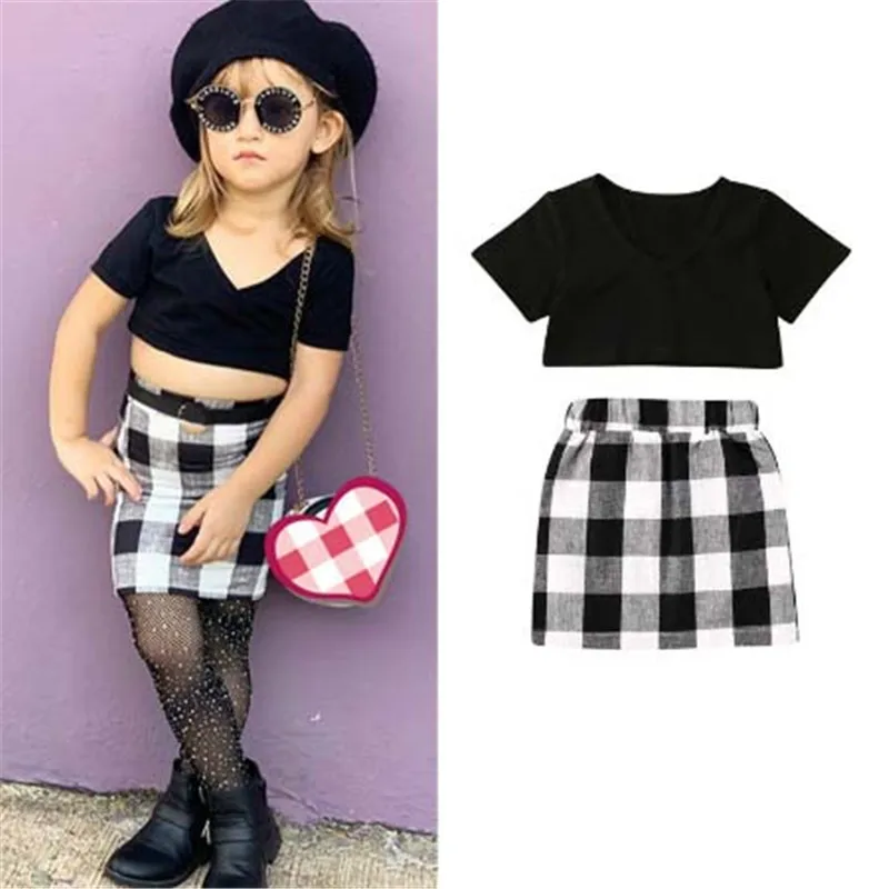 2PCS Toddler Kids Baby Girls Summer T-shirt Tops+Plaid Shorts Outfit Clothes Set 