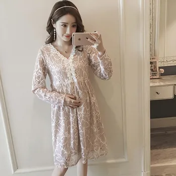 

V Neck Ties Waist Abstract Pattern Lace Maternity Dress Fashion Lace Dresses Clothes for Pregnant Women Elegant Pregnancy Wear