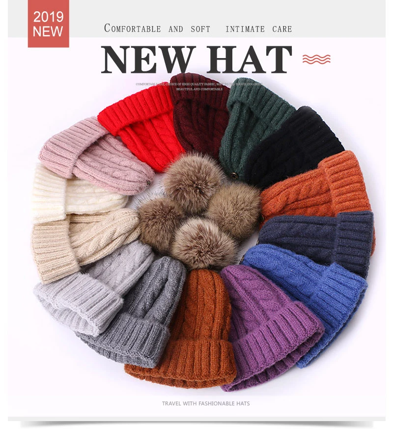 Faux Fur Pompon Beanie Hat For Women Children Winter Wool Crochet Caps For Baby Boys Girls Skullies Beanies Solid Color Ski Cap
