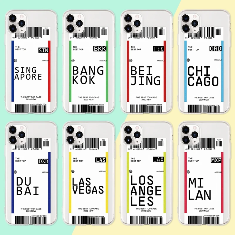 Air Ticket USA City London Paris Tokyo Label World Clear Case For iPhone 11 Pro XR XS Max 7 8 Plus Boston Chicago QR Code Cover | Мобильные