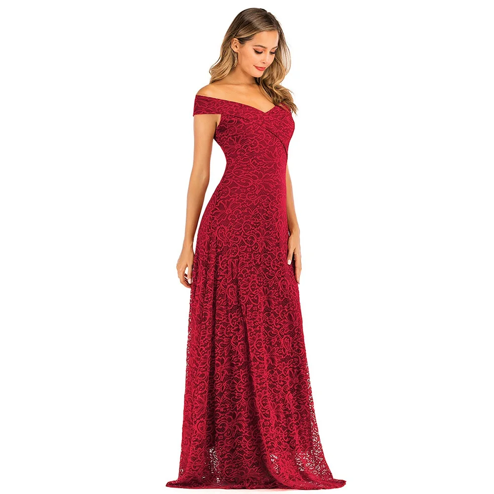 new lady off-shoulder lace sexy long dress women banquet elegant solid slim dress