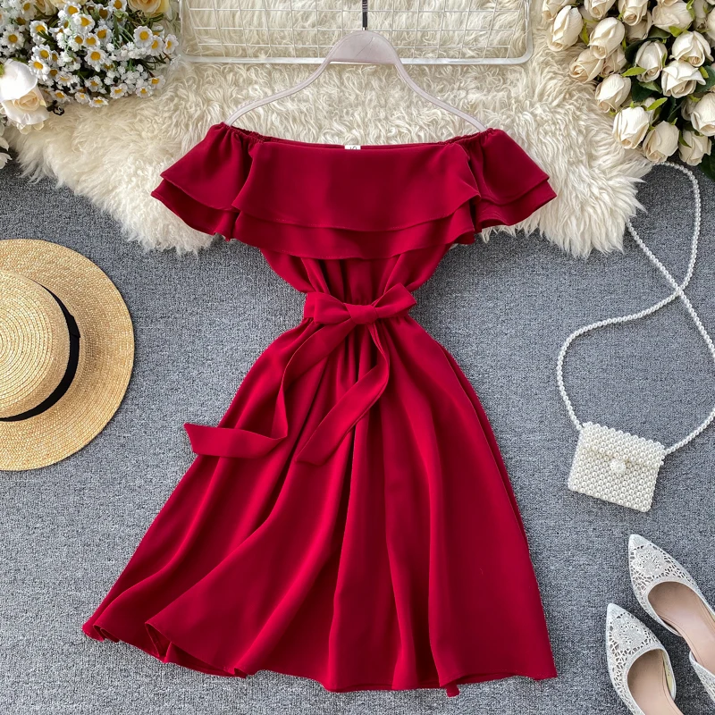 SINGRAIN Summer Women Off Shoulder Dress Bohemian Romantic Ruffle Sundress Party Holiday A-Line Retro Solid Chiffon Beach Dress