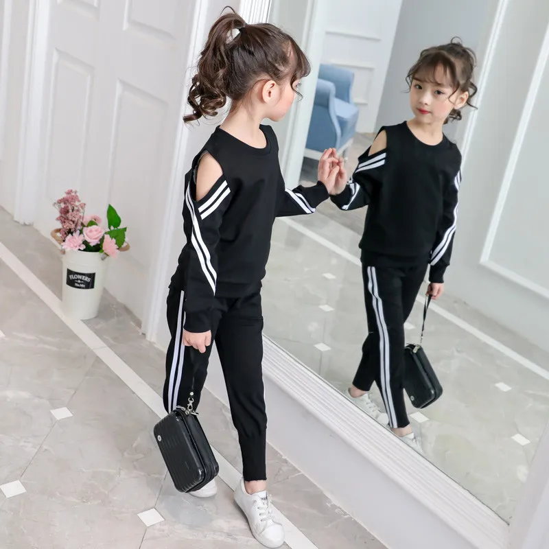 

Girls' clothes off-the-shoulder striped jacket + pants two-piece fashion personality girls sportswear spring and autumn new suit