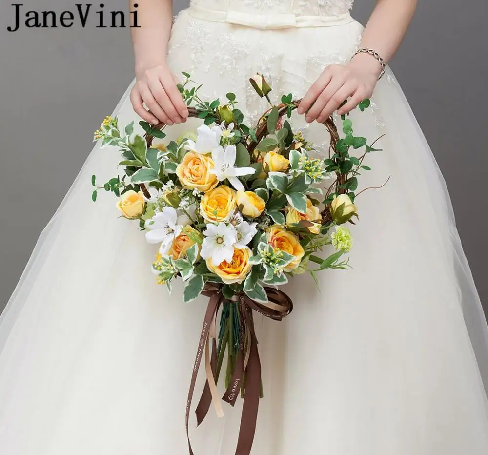 JaneVini Yellow Heart-shaped Brides Bouquet Wedding Flowers Silk Rose Artificial Bridal Bouquets Handle Brooches ramo rosas
