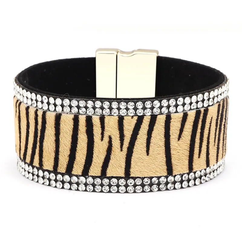 Трендовый женский кожаный браслет из конского волоса с леопардовым принтом тигра женские кожаные роскошные браслеты с магнитной пряжкой - Окраска металла: 16