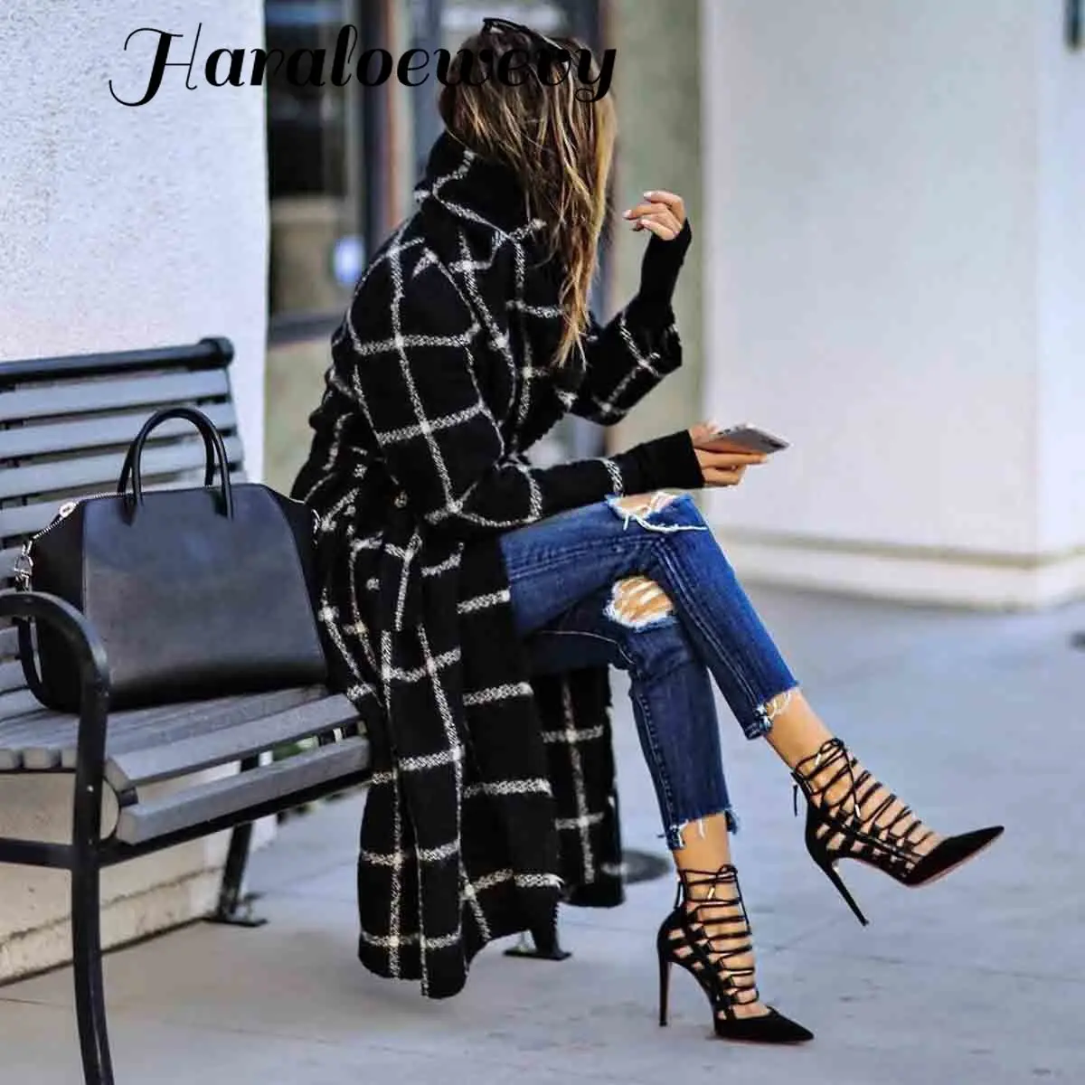 Koop Vintage Zwarte Hooded Plaid Lange Trenchcoat Vrouwen Chic High Street Belted Windscherm Trench Lady Wollen Jas Winter