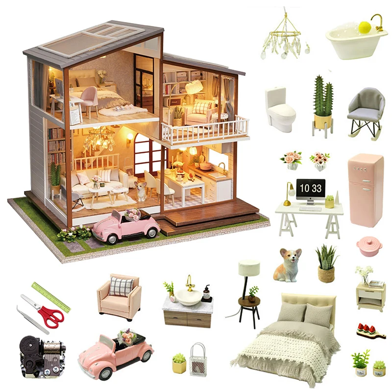 Three-story Villa House DIY Wooden Dolls House Miniature Kit LED+Furniture 