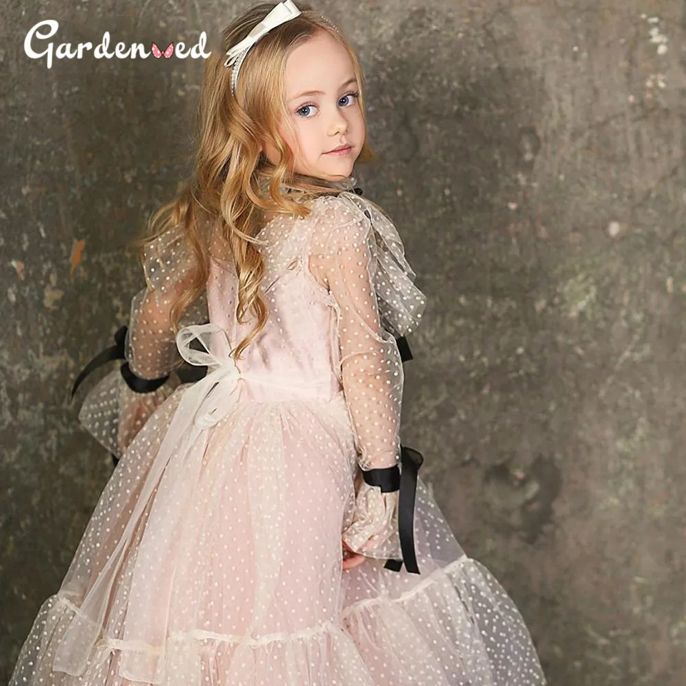 Polka-dot Tulle Flower Girl Dresses Illusion Long Sleeves Girl Wedding Party Dress Ribbons Communion Dress Birthday New Year