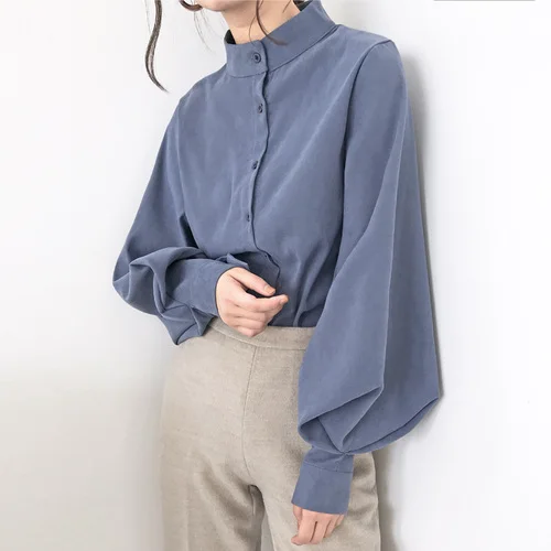 womens tops and blouses Fashion women blouse shirt lantern long sleeve women shirts solid stand collar office blouse 2516 50 - Цвет: Blue