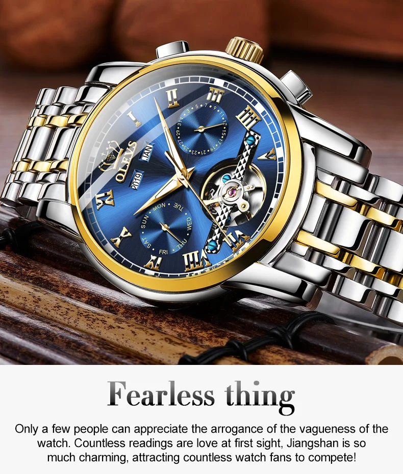 OLEVS גברים של שעונים אוטומטי מכאני עסקי שעוני יד עמיד למים נירוסטה רצועת שעון לגבר שלד לוח שנה