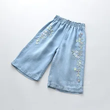 0316-17 детская одежда летние новые стильные свободные ковбойские брюки с цветочной вышивкой для девочек