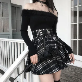 

Gothic Black White Plaid Mini Skirt Women Vintage Lace Up High Waist A-line Pleated Skirts Casual Clothes Jupe Femme Streetwear