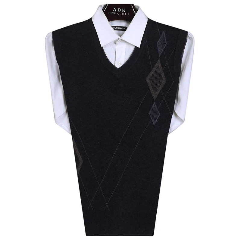 

Men Smart Casual Cashmere Wool Blend Vest Male Autumn Spring Plaid Plain Knitwear Waistcoat Dark Gray V-neck Herringbone Gilet