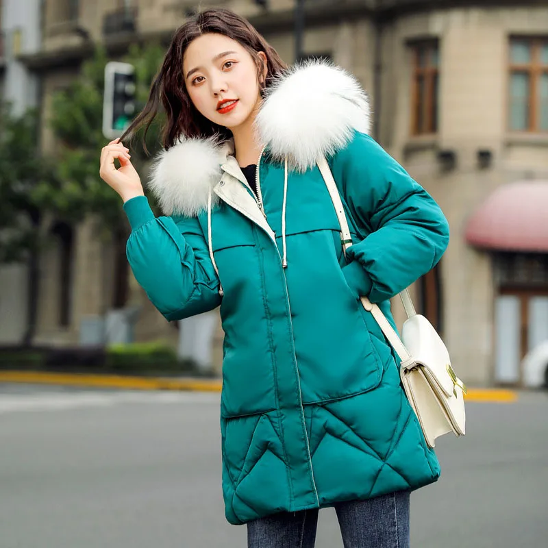 

New 2019 Winter Women Down Cotton Padded Quilted Coat Fur Collar Hooded Thick Warm Snow Outerwear Chic Woman Parkas Mujer