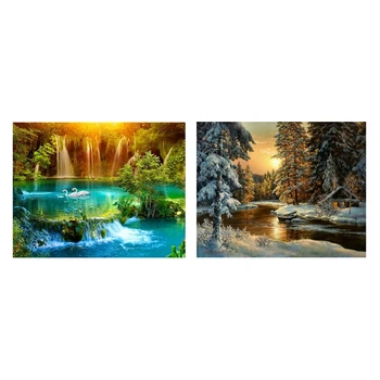 

2 Set Waterfall,5D,Diamond Painting Stitch Cross,3D Pictures,Full,Diamond Embroidery Lake,Swan & Winter Sunset