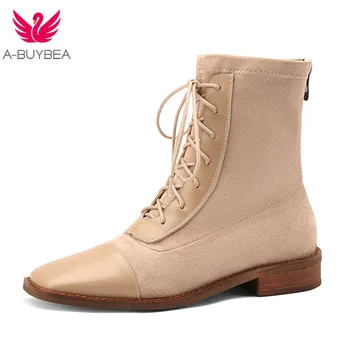 

Genuine Leather Female ShortBoots Suede Women Ankle Booties British Lace-up Retro Trend Women Naked Boots Women Shoes